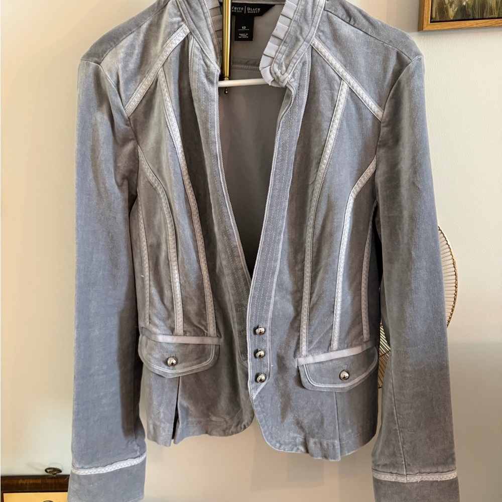 White House Black Market Silver Velvet Blazer with Piping Detail
